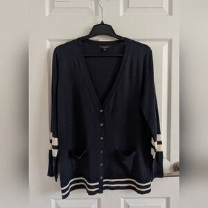 Banana Republic 100% Merino Wool Navy Blue Stripe V-Neck Cardigan Preppy Chic  M